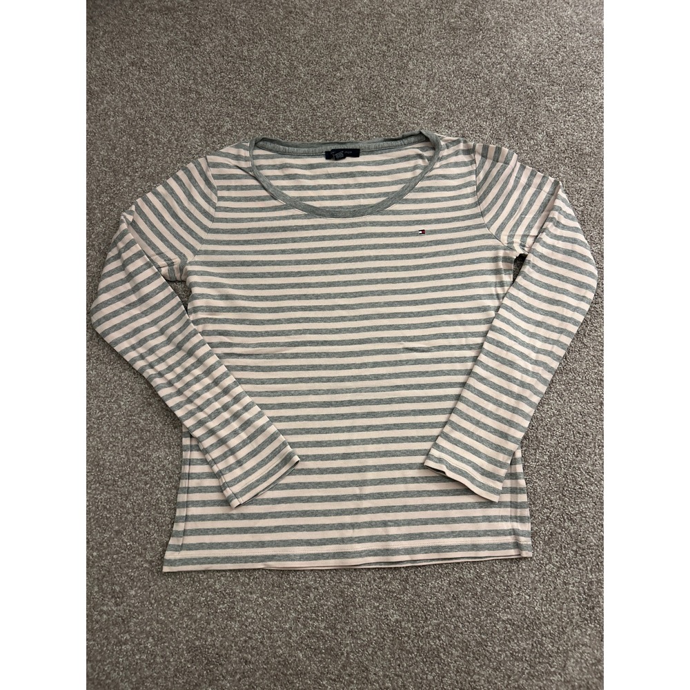 Tommy Hilfiger Long Sleeve Top‎ Womens S Pink Grey Striped Excellent Scoop Neck